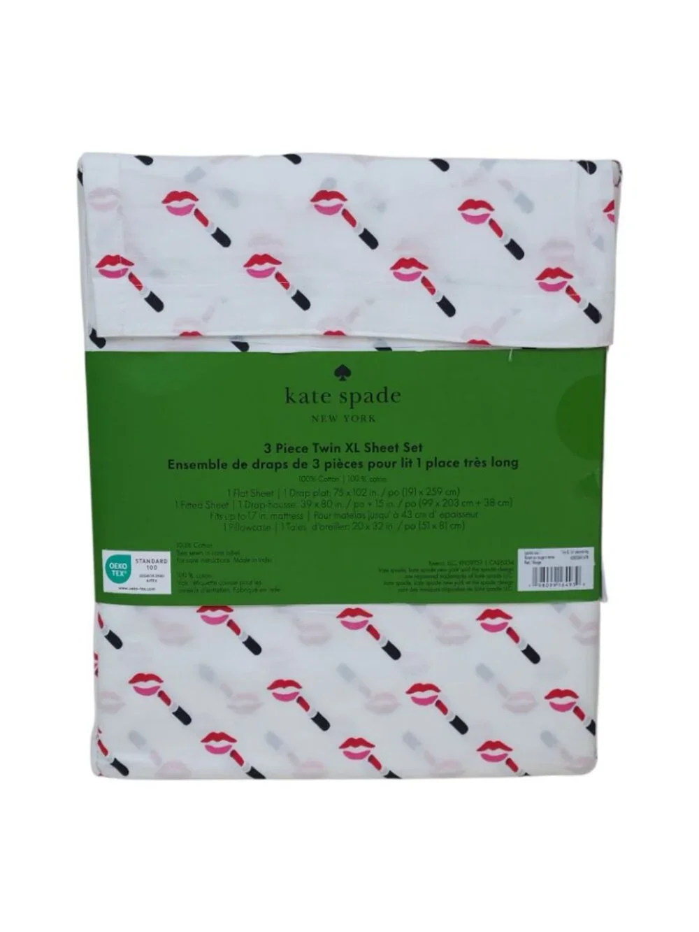 Kate Spade New York Twin XL 3-Piece Sheet Set Lipstick Kiss Print Black Red Pint